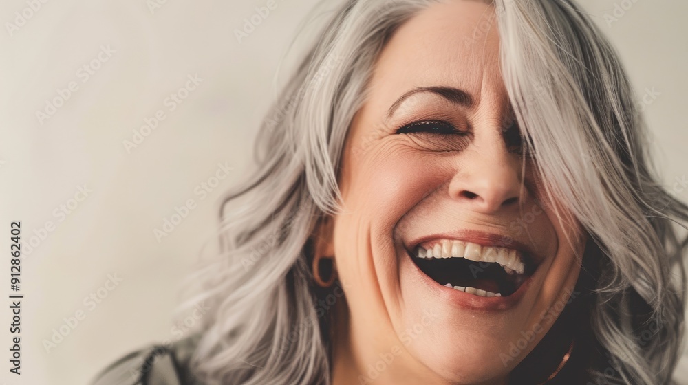 Gray-haired woman laughing wholeheartedly, happy mood. Gray-haired woman laughing wholeheartedly, happy mood.