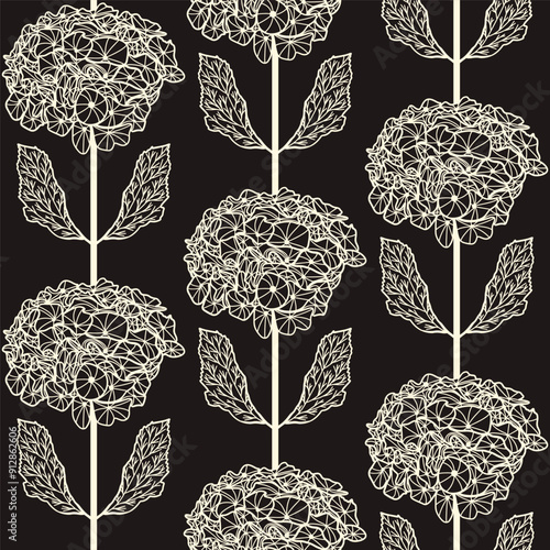 Boisterous hydrangea bloom with retro beige white outlines on dark dramatic glamour brown black gs