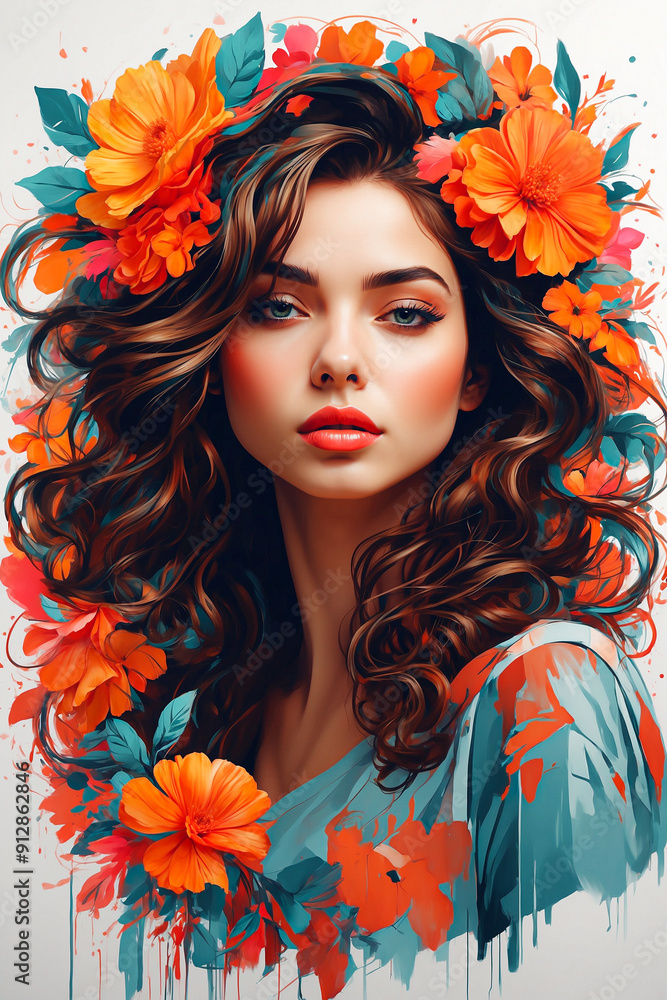 Surreal abstract female portrait with flowers on her head on white background. Bright summer colors. Concept of environmental friendliness and naturalness of cosmetic products Surreal abstract female portrait with flowers on her head on white background. Bright summer colors. Concept of environmental friendliness and naturalness of cosmetic products