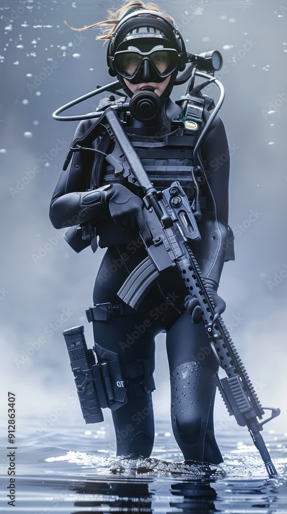 Fototapeta premium Individual in full tactical gear standing in the water