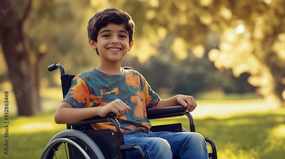 Fototapeta premium Smiling Young Boy in Colorful Shirt Sitting in Wheelchair Outdoors in Sunlit Park Diversity, Inclusion, Happiness