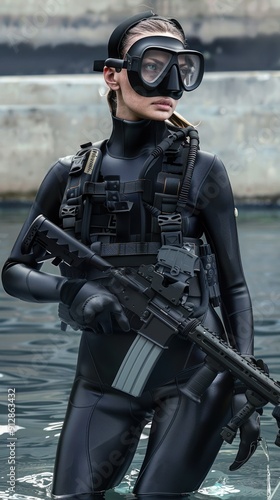 Equipped diver prepared in tactical gear for mission photo