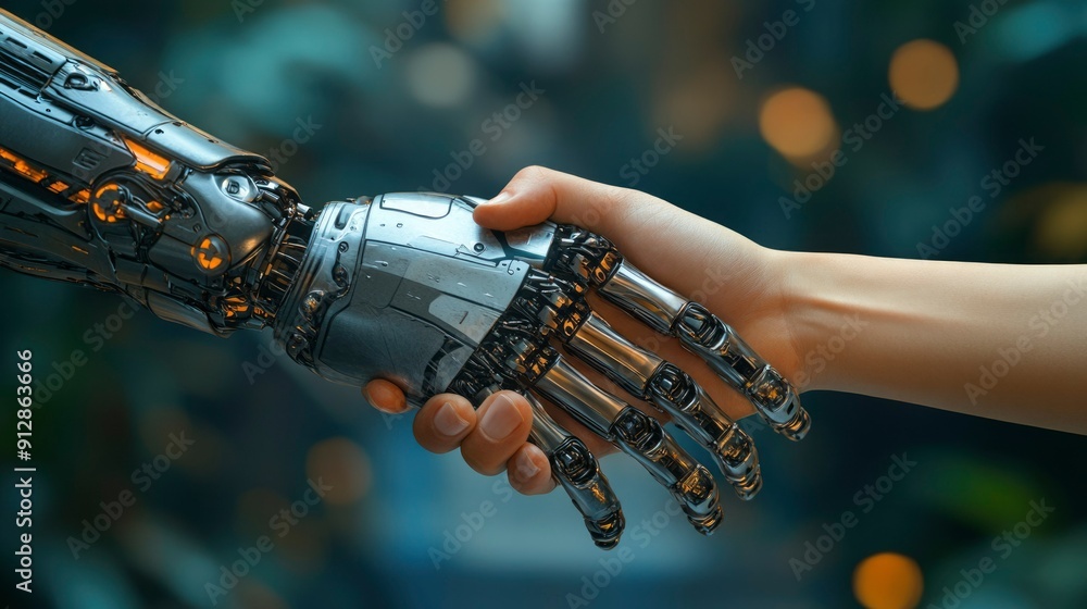 A Robotic Hand Shakes a Human Hand in a Close-Up A Robotic Hand Shakes a Human Hand in a Close-Up