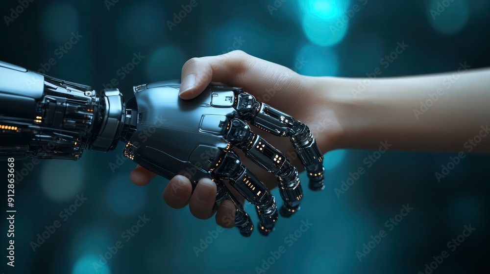 A robotic hand shaking a human hand A robotic hand shaking a human hand