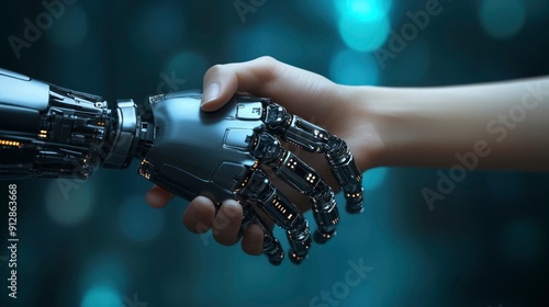 A robotic hand shaking a human hand