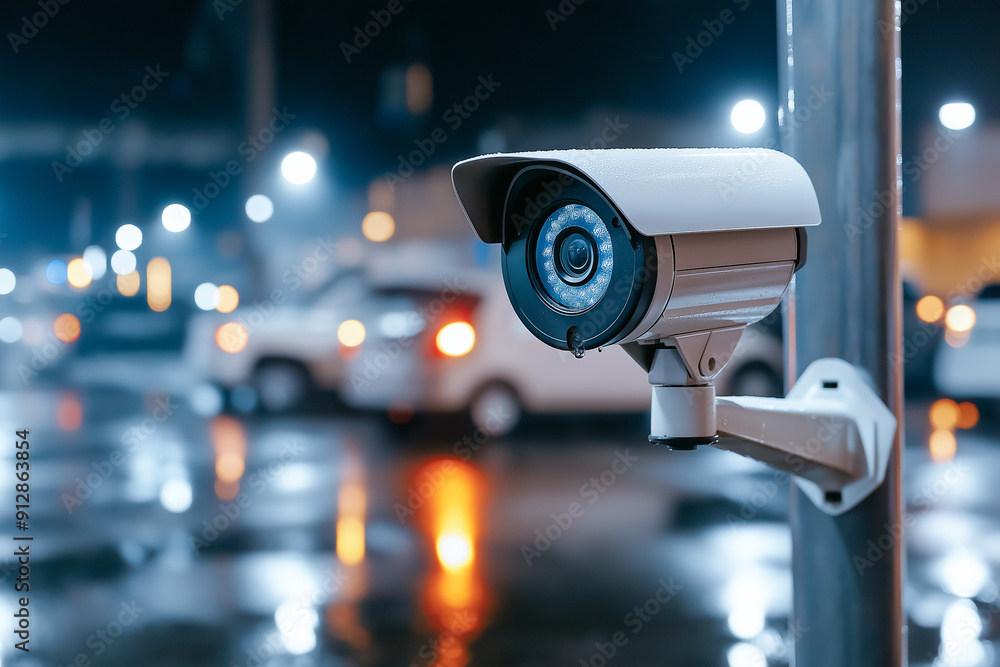 A security camera mounted on a pole, monitoring a wet urban sreet parking lot at night with blurred vehicle lights in the background. A security camera mounted on a pole, monitoring a wet urban sreet parking lot at night with blurred vehicle lights in the background.