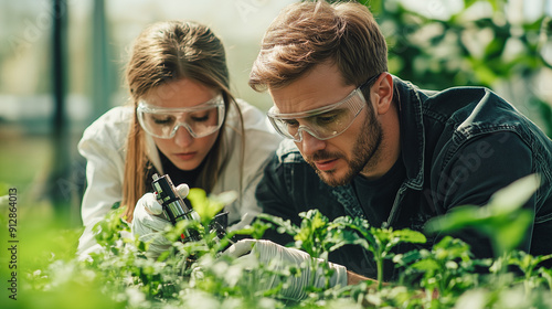 Two scientists attentively examine plants in a greenhouse, collaborating on agricultural research to enhance plant health and productivity.