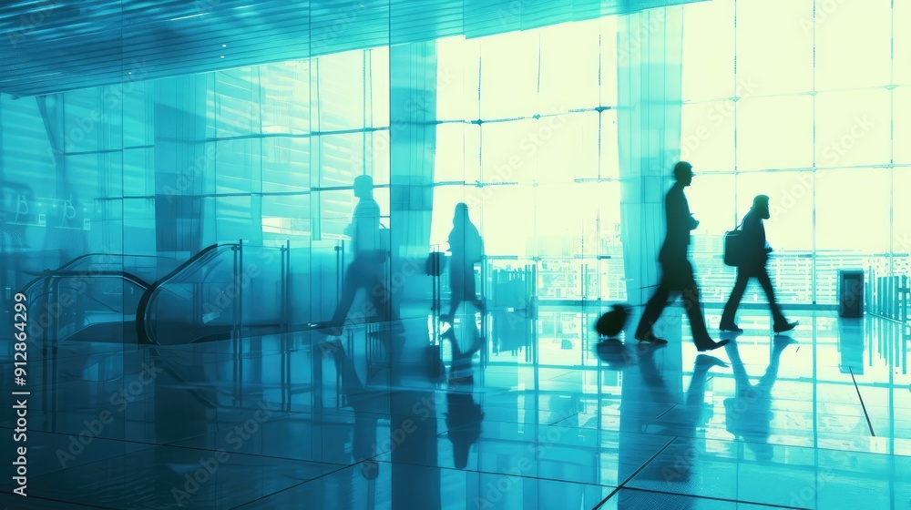 People walking briskly in an office with glass walls, futuristic technology devices scattered around. People walking briskly in an office with glass walls, futuristic technology devices scattered around.