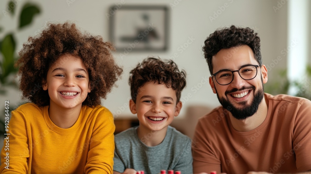 Joyful Family Time Father and Children Smiling Together at Home. Joyful Family Time Father and Children Smiling Together at Home.