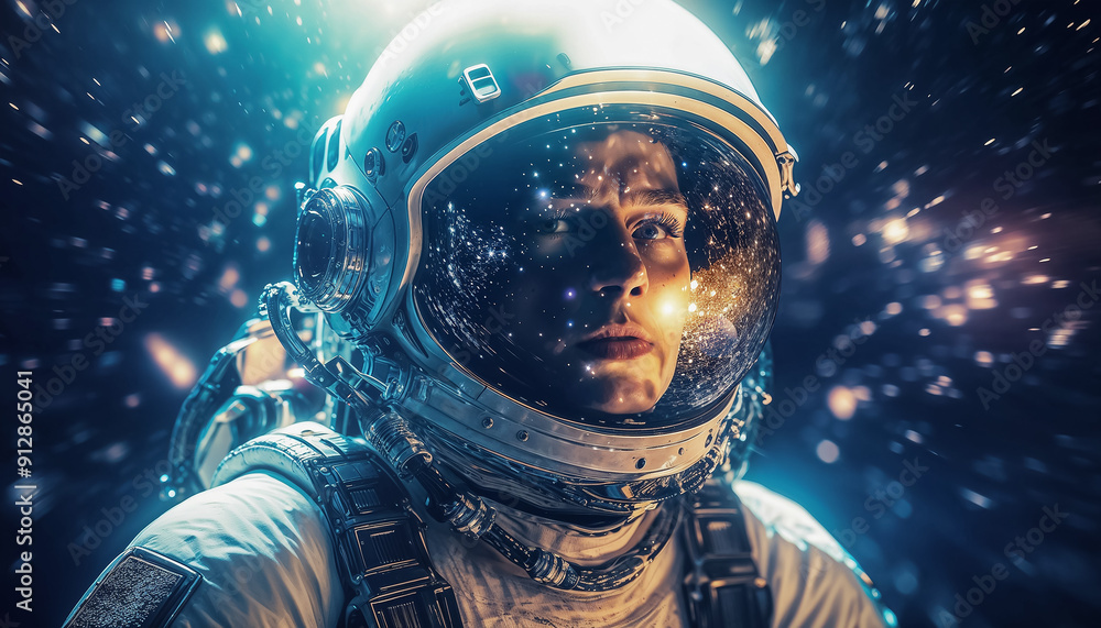 Sublime portrait d'un cosmonaute en gros plan qui porte sa combinaison spatiale, semble perdu dans l'espace, reflets de lumière sur sa visière de casque, jolies couleurs vives, image bleutée, Sublime portrait d'un cosmonaute en gros plan qui porte sa combinaison spatiale, semble perdu dans l'espace, reflets de lumière sur sa visière de casque, jolies couleurs vives, image bleutée,