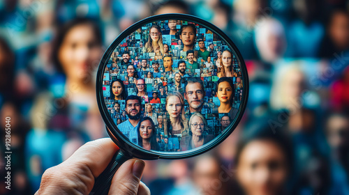 A magnifying glass held up to focus on a diverse group of people, symbolizing scrutiny, diversity, and the detailed observation of individual identities within a community.