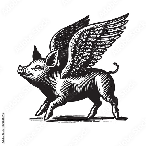 Flying pig with wings. Vintage retro engraving illustration. Black icon, isolated element