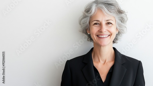 Smiling older businesswoman with grey hair, standing against a white background. Ideal for professional and corporate themes with plenty of copy space.