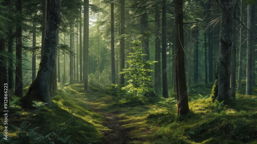 A pathway through a misty green forest with tall trees and moss-covered ground. A pathway through a misty green forest with tall trees and moss-covered ground.