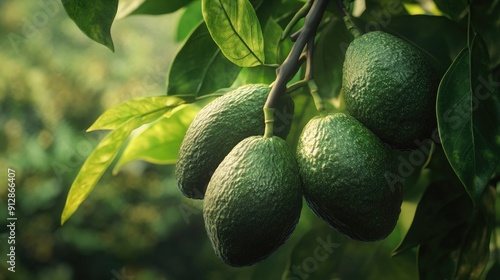 Detailed view of avocados growing on a tree, showcasing their smooth texture and lush surroundings.