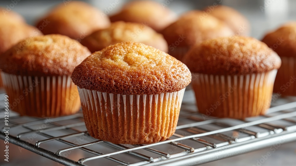 Detailed view of muffins on a wire rack, showcasing their moist, fluffy texture and golden color. Detailed view of muffins on a wire rack, showcasing their moist, fluffy texture and golden color.