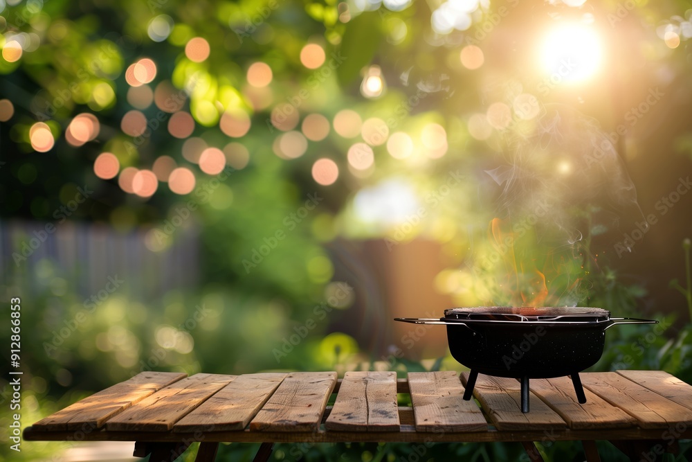 Evening Barbecue Gathering in a Lush Garden With Warm Sunset and Twinkling Lights Evening Barbecue Gathering in a Lush Garden With Warm Sunset and Twinkling Lights