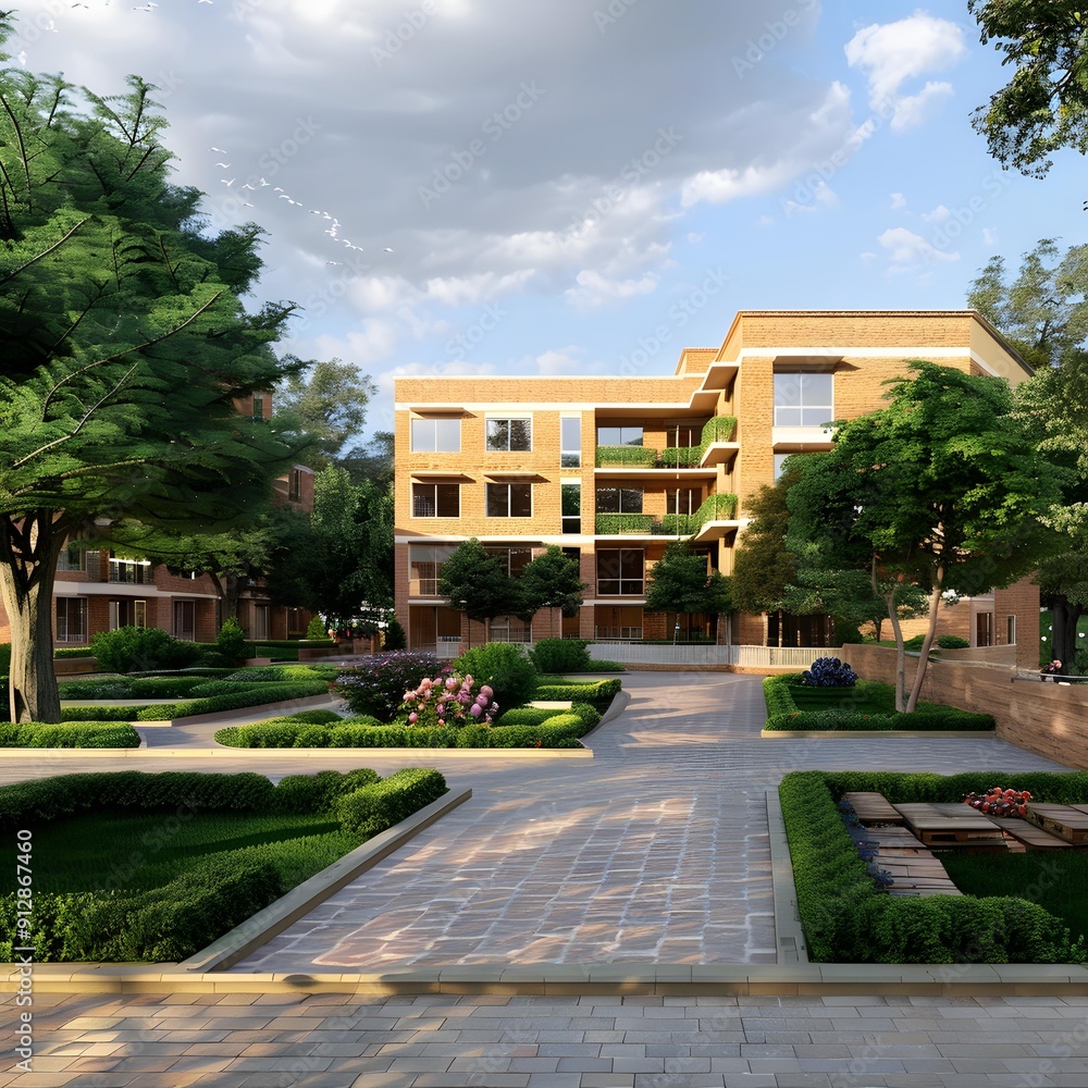 Obraz premium Modern Residential Building with Green Landscaping and a Brick Exterior