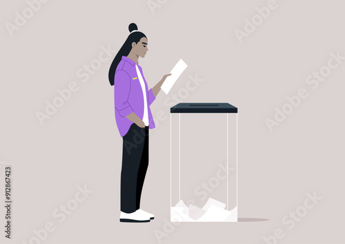 A voter stands thoughtfully beside a clear ballot box, preparing to submit their vote, emphasizing civic duty and democratic participation