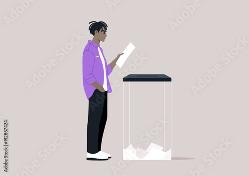 A voter stands thoughtfully beside a clear ballot box, preparing to submit their vote, emphasizing civic duty and democratic participation