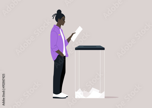 A voter stands thoughtfully beside a clear ballot box, preparing to submit their vote, emphasizing civic duty and democratic participation