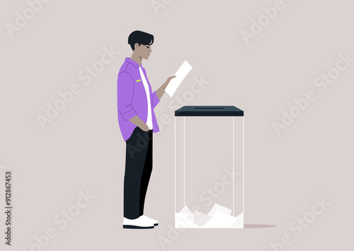 A voter stands thoughtfully beside a clear ballot box, preparing to submit their vote, emphasizing civic duty and democratic participation