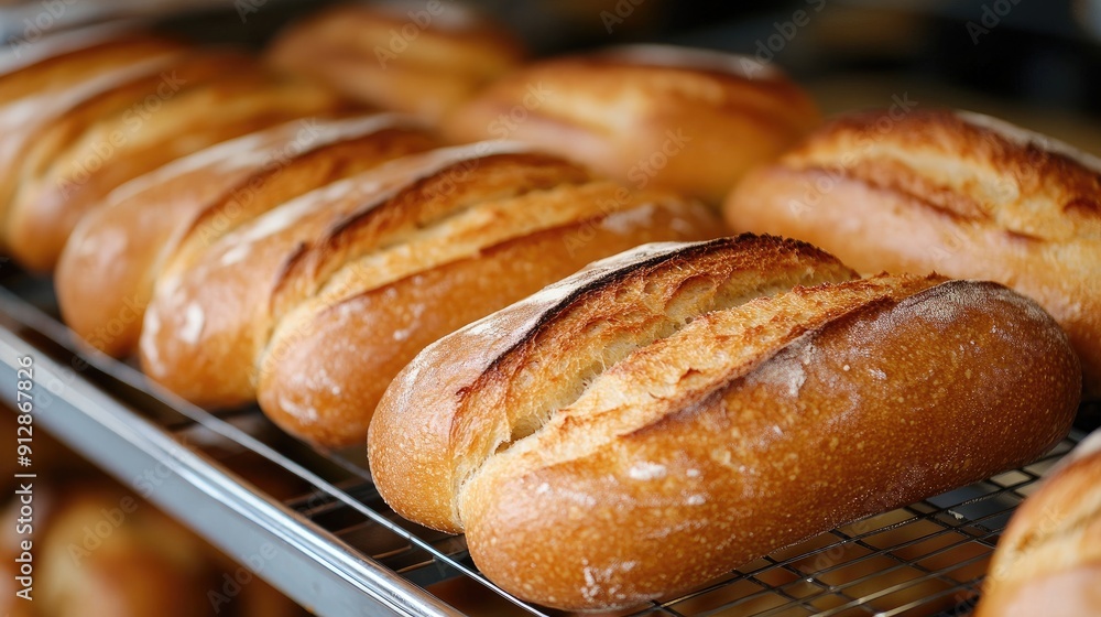 Freshly baked bread loaves on a bakery rack, captured in a close-up to showcase their golden crusts Freshly baked bread loaves on a bakery rack, captured in a close-up to showcase their golden crusts
