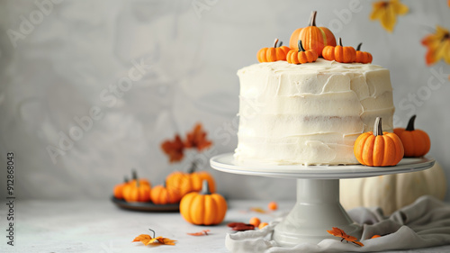 A close-up of a beatiful pumpkin cake with halloween decorations in the background
