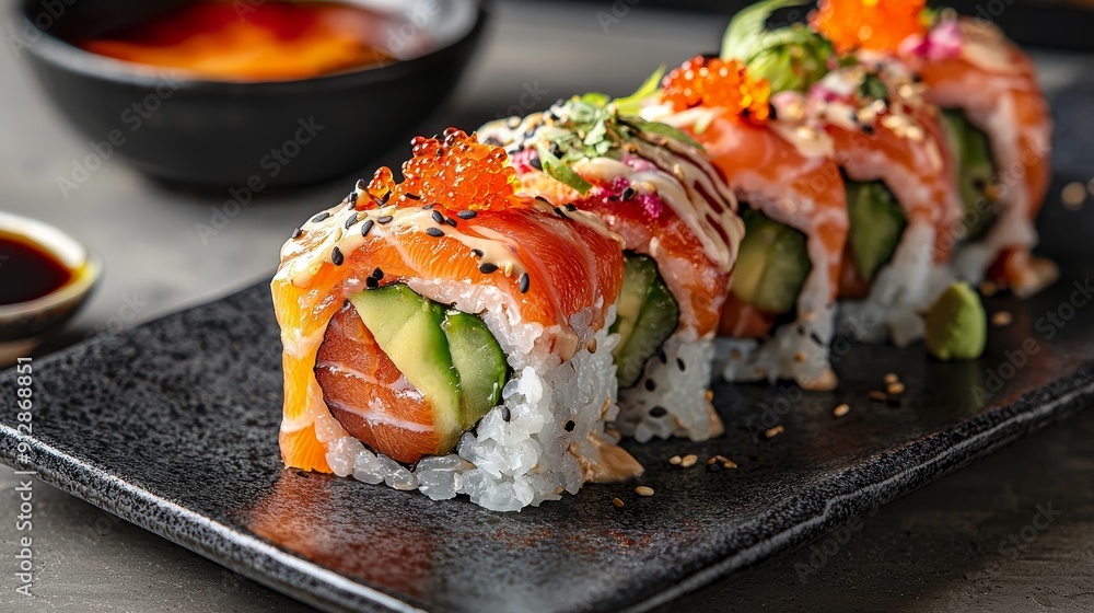 Fresh Avocado and Salmon Sushi Roll, Delicious Japanese Cuisine on Plate. Fresh Avocado and Salmon Sushi Roll, Delicious Japanese Cuisine on Plate.