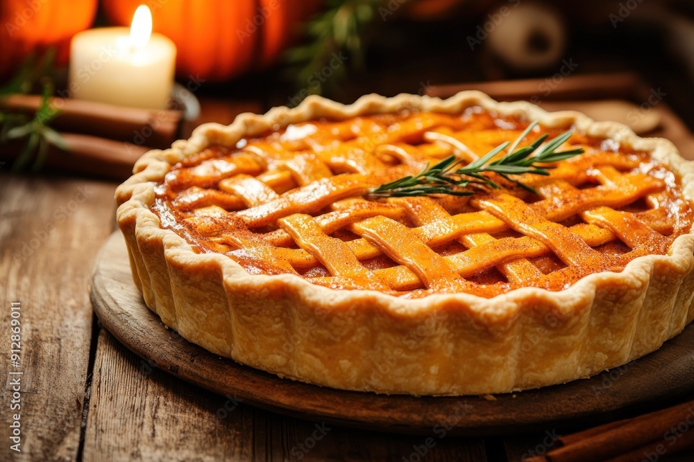 A Freshly Baked Pumpkin Pie with a Lattice Crust and a Sprig of Rosemary A Freshly Baked Pumpkin Pie with a Lattice Crust and a Sprig of Rosemary