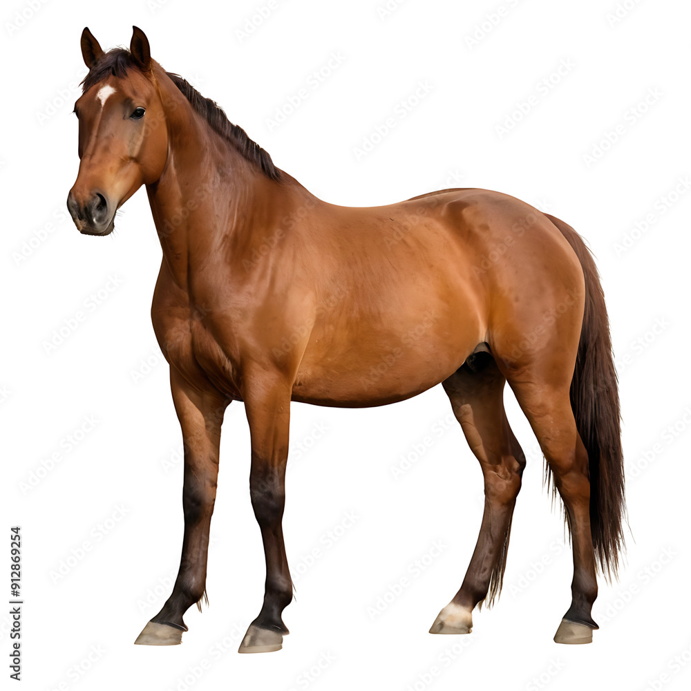 Obraz premium A majestic brown horse standing alert, showcasing its glossy coat and powerful build. Perfect for equestrian publications, animal care websites, or rural landscapes. (Transparent PNG background)