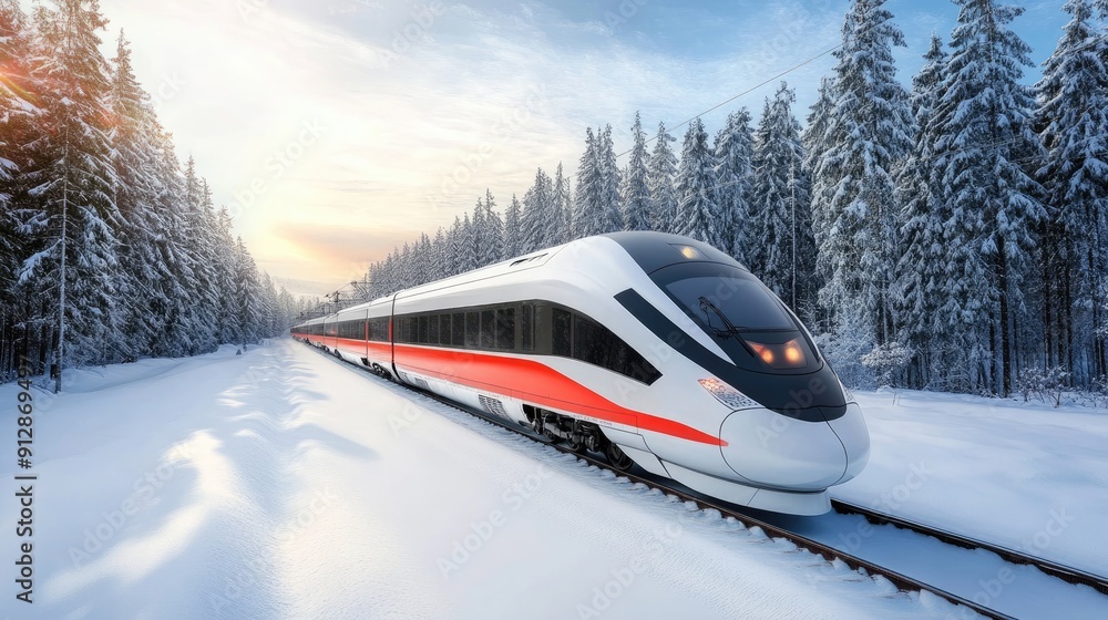 High-speed train in a snowy forest, highlighting its sleek design against a winter backdrop with copy space. High-speed train in a snowy forest, highlighting its sleek design against a winter backdrop with copy space.