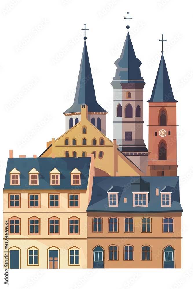 Illustration of Old European Cityscape with Towers Illustration of Old European Cityscape with Towers