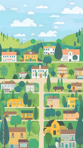 Summer Illustration of a Small Town with Houses, Trees and a Blue Sky