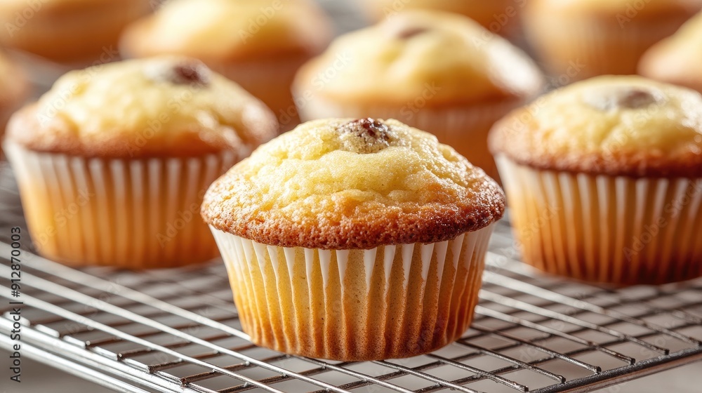 Muffins cooling on a wire rack, captured in a close-up shot to highlight their golden-brown tops. Muffins cooling on a wire rack, captured in a close-up shot to highlight their golden-brown tops.