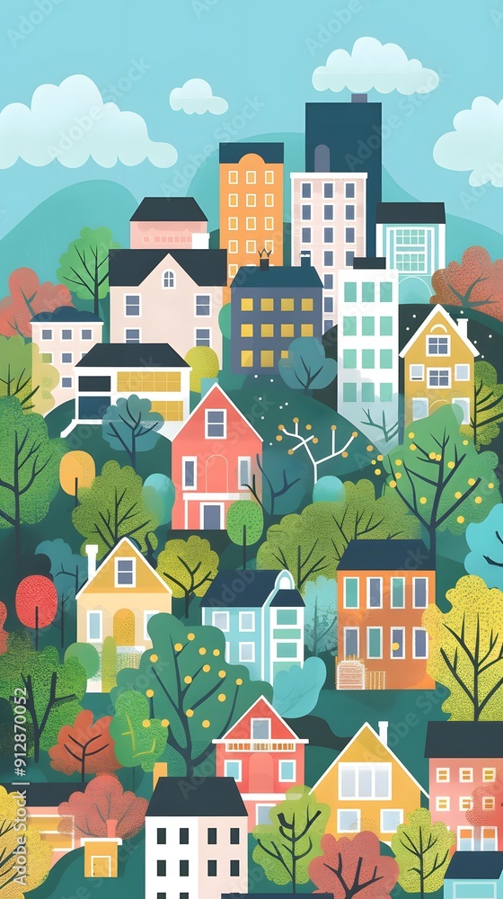 Colorful Cityscape with Houses and Trees Colorful Cityscape with Houses and Trees