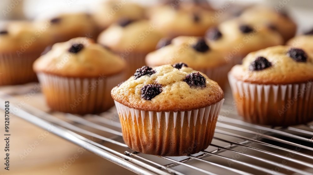 Muffins on a cooling rack, captured in a close-up to emphasize their freshly baked goodness. Muffins on a cooling rack, captured in a close-up to emphasize their freshly baked goodness.