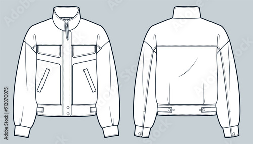 Bomber Jacket fashion flat technical drawing template. Zipped Jacket technical fashion illustration, oversize, pockets, front and back view, white, women, men, unisex Outerwear CAD mockup.