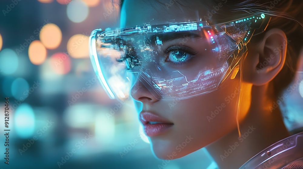 Woman Wearing Futuristic Augmented Reality Glasses Woman Wearing Futuristic Augmented Reality Glasses