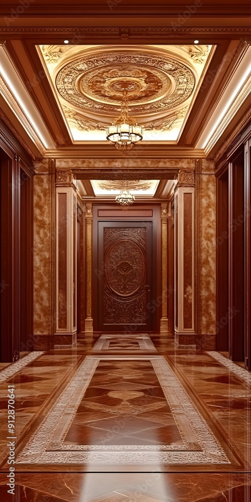 Ornate Hallway With Carved Wooden Doors and Ceiling Ornate Hallway With Carved Wooden Doors and Ceiling