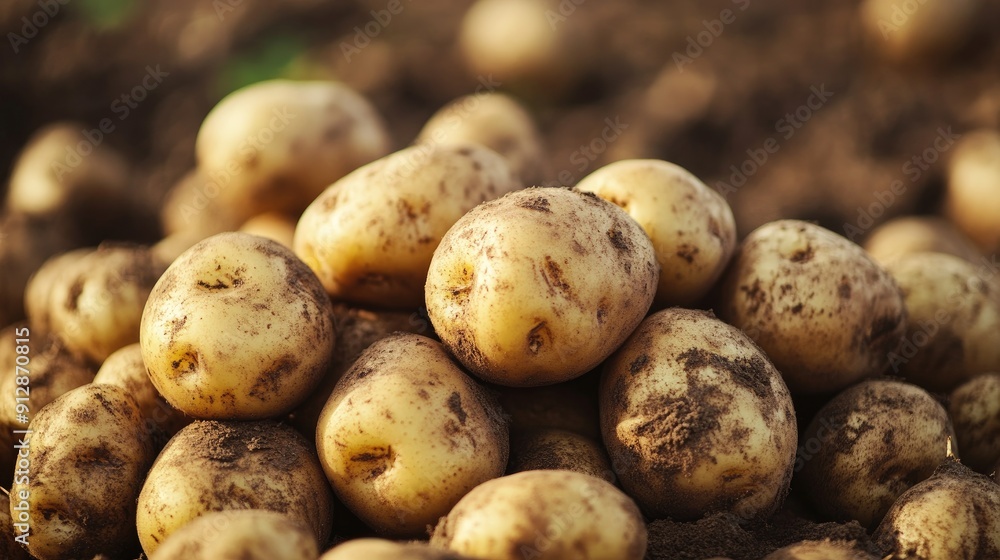 Pile of freshly harvested potatoes, captured in a detailed close-up to highlight their texture and freshness Pile of freshly harvested potatoes, captured in a detailed close-up to highlight their texture and freshness