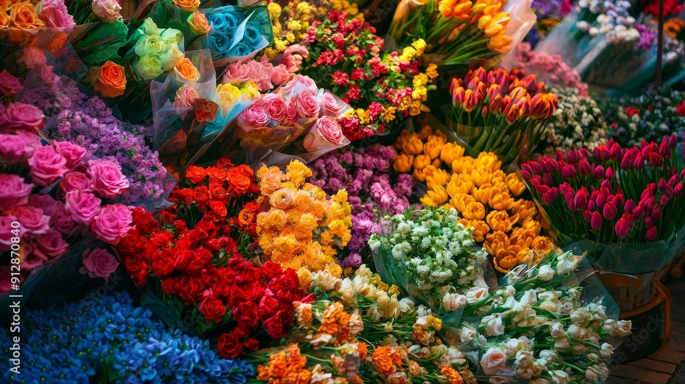 Fototapeta premium Bustling Flower Market: A Colorful Display of Vibrant Bouquets in Full Bloom.