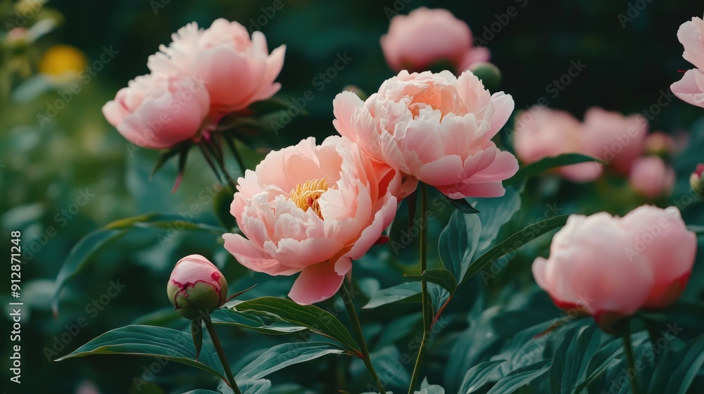 Pink peonies in the garden, with their delicate petals and lush greenery creating a beautiful contrast Pink peonies in the garden, with their delicate petals and lush greenery creating a beautiful contrast