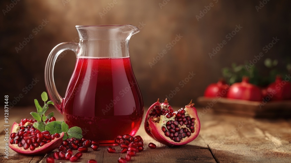 Pomegranate juice pitcher with pomegranate beautifully arranged on the table, ample copy space for text. Pomegranate juice pitcher with pomegranate beautifully arranged on the table, ample copy space for text.
