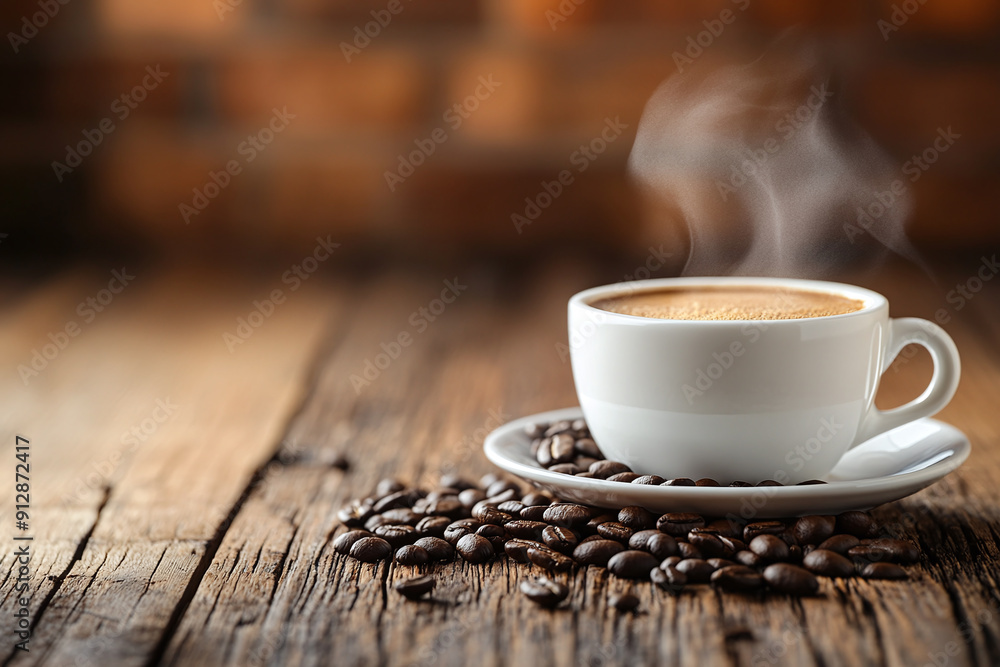 A steaming cup of coffee on a rustic wooden table with a background of coffee beans. A steaming cup of coffee on a rustic wooden table with a background of coffee beans.