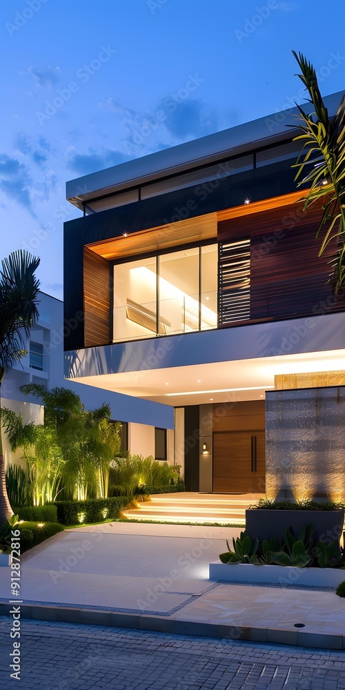 Fototapeta premium Modern House with a Stone Wall and Landscaping