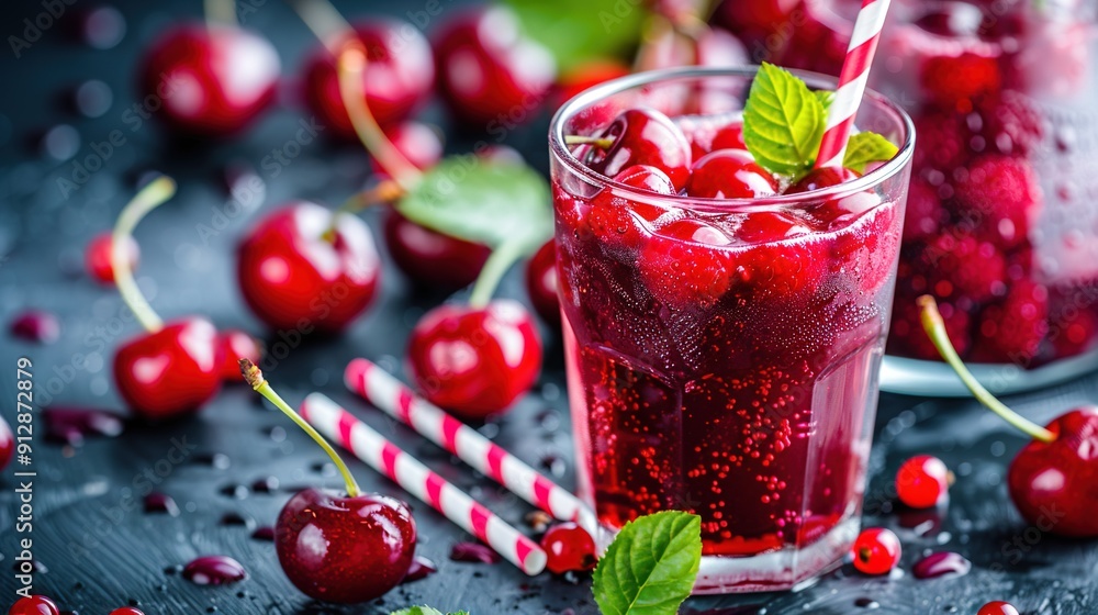 A close-up of a glass of cherry-red liquid, adorned with colorful candies and additional cherries, resting elegantly on an otherwise uncluttered table surface A close-up of a glass of cherry-red liquid, adorned with colorful candies and additional cherries, resting elegantly on an otherwise uncluttered table surface