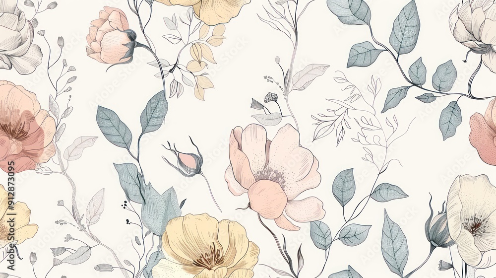 Hand-drawn seamless pattern with whimsical flowers and leaves, delicate lines and intricate details, soft pastel colors Hand-drawn seamless pattern with whimsical flowers and leaves, delicate lines and intricate details, soft pastel colors