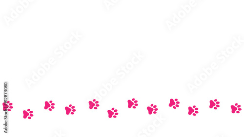 Trail of dog or cat paw prints on a white background. Pink silhouettes of footprints. Steps tracing the path. Copy space background with pet foot. Animal or pet theme seamless pattern backdrop.
