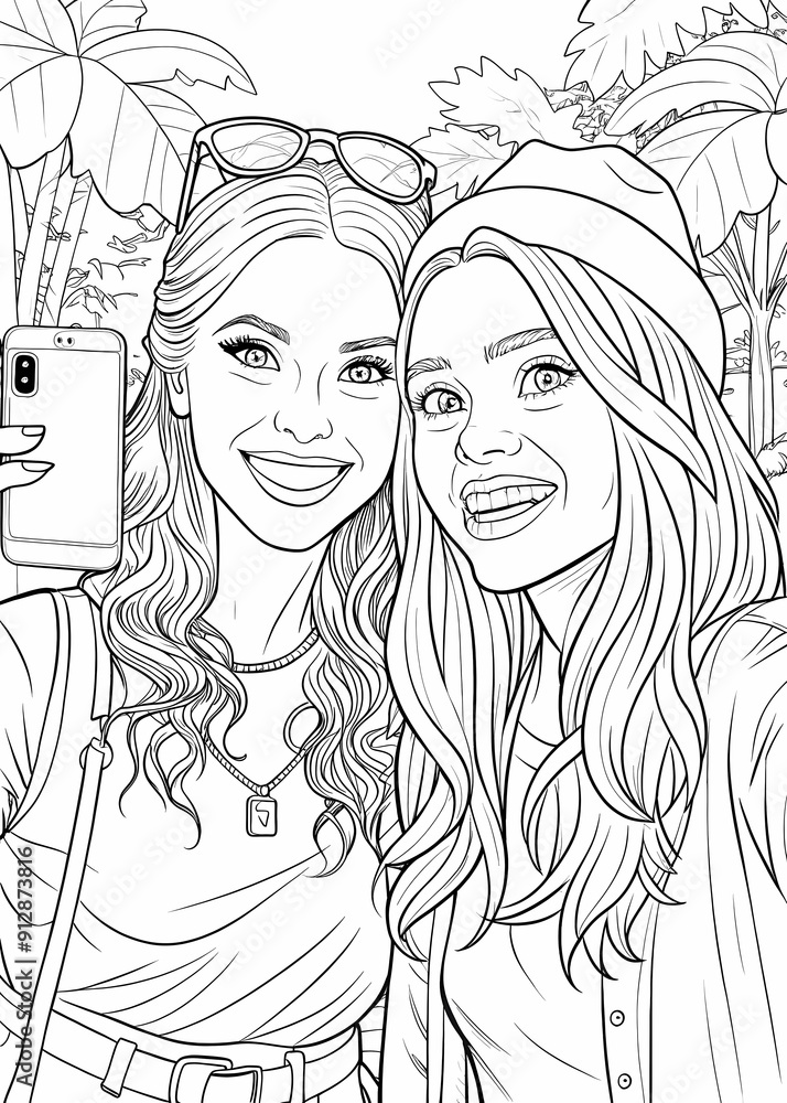 Two friends taking a photo together coloring page Two friends taking a photo together coloring page